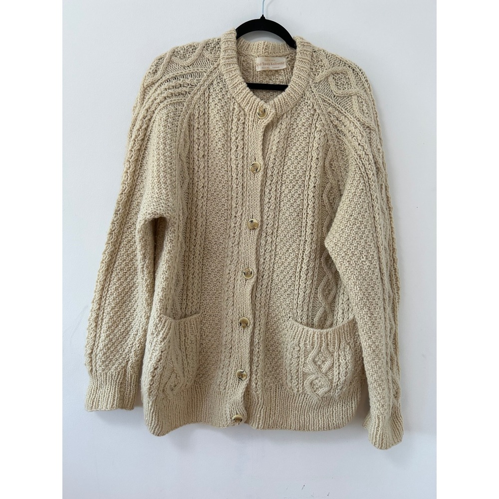 Old Town Knitwear Wool Cable Knit Cardigan Women XL Cream Cottagecore Sweater